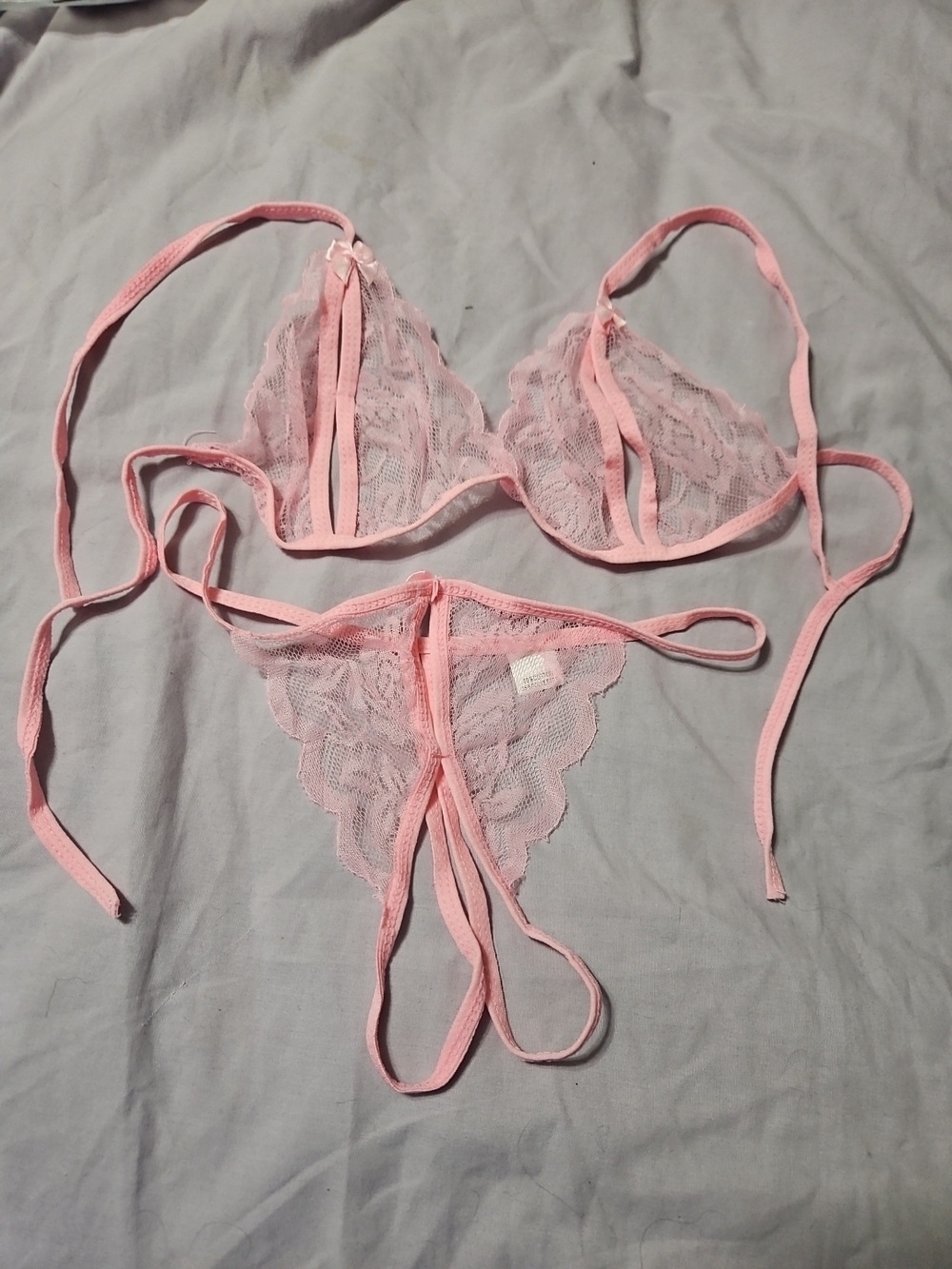 Sheer Pink Lace Bralette & Thong Set - Feminine Lace Intimates